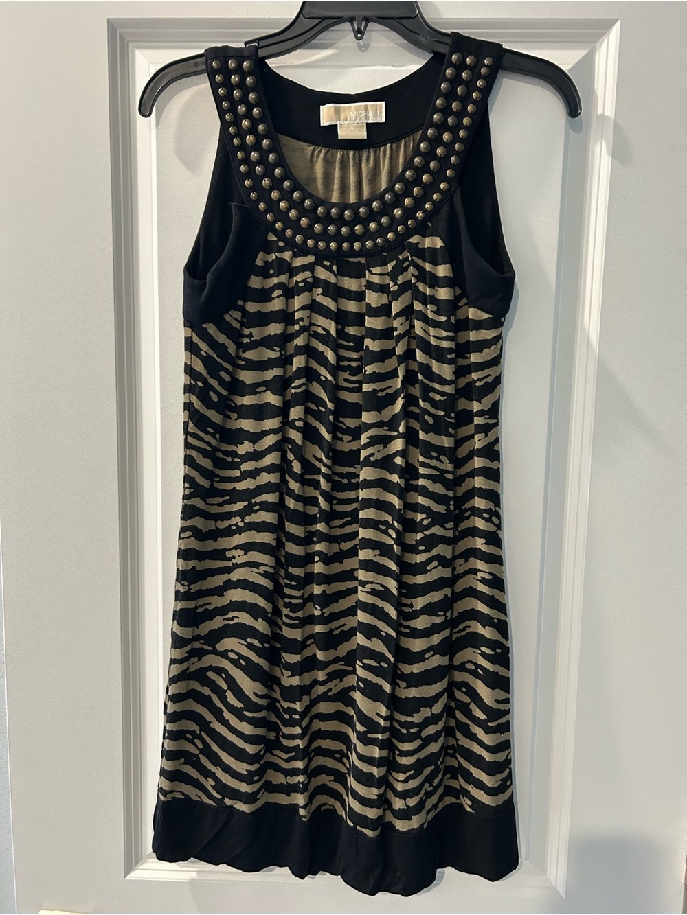 Michael Kors Black and Khaki Zebra-Print Studded Neck Tank Dress